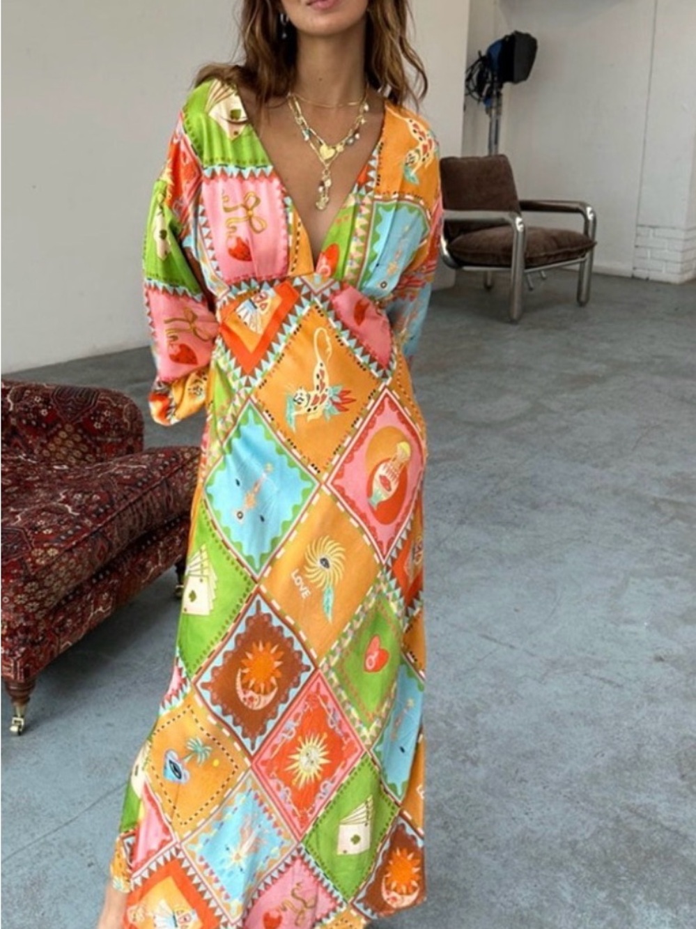 Never Fully Dressed Orange Multi Patchwork Midi Dress - Picture 3 of 14